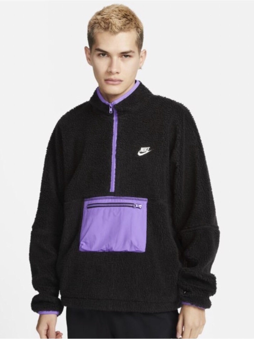 Nike Club Fleece Oversized Anorak 1/2 Zip Jacket Black Purple Men’s Small